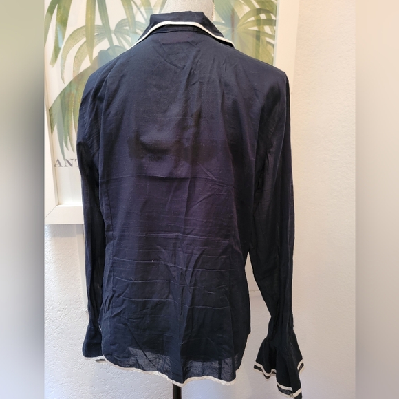 $150 OSCAR DE LA RENTA BLUE WHITE RUFFLE COTTON SHIRT US 16 - Picture 2 of 3